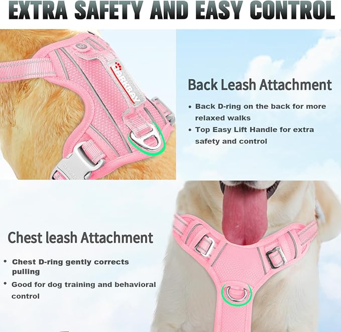 BARKBAY No Pull Dog Harness Large Reflective Dog Harness with Front Clip and Easy Control Handle for Walking Training Running with ID tag Pocket(Baby Pink,S)