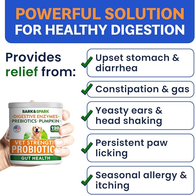 Bark&Spark Vet Strength Dog Probiotics Chews - 60 Billion CFU per jar - Digestive Enzymes for Dogs Gut Health - Chewable Supplement for Diarrhea, Gas, Constipation, Upset Stomach Relief (120 Ct)