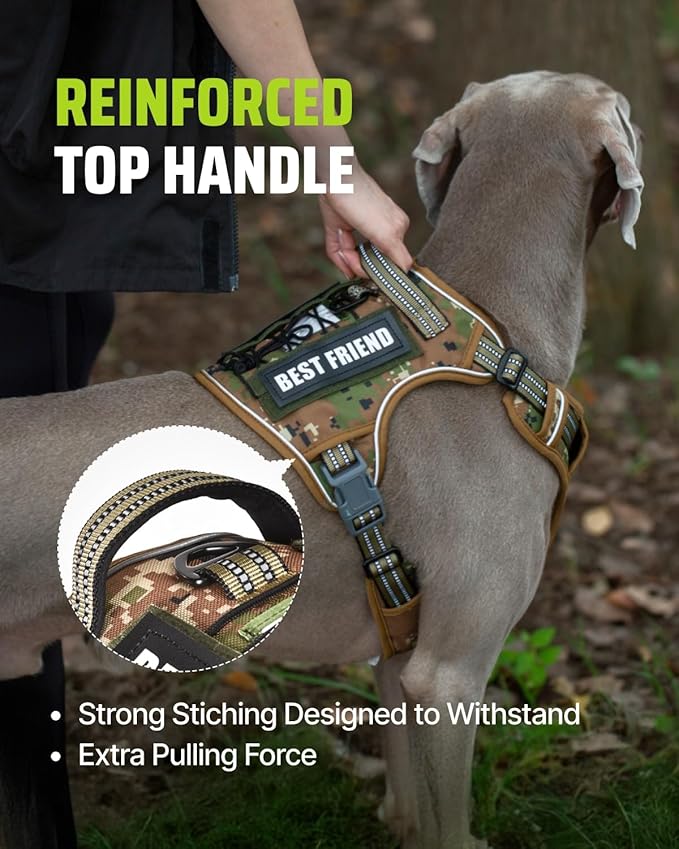 Tactical Dog Harness No-Pull Military Vest for Medium & Large Dogs, Adjustable Reflective Escape-Proof Vest with MOLLE System, Handle Control for Training, Walking, Outdoor – Camo