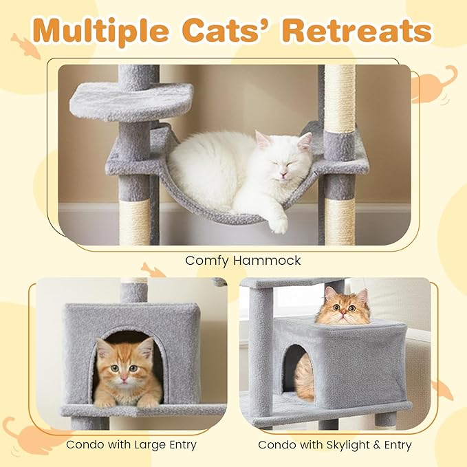 Tangkula Cat Tree for Indoor Cats, 75 Inch Extra Tall Cat Tower with Sisal Scratching Post, Padded Top Perch, Dual Condos, Hammock, 2 Dangling Balls, Platforms, Multi-Level Cat Climbing Furniture