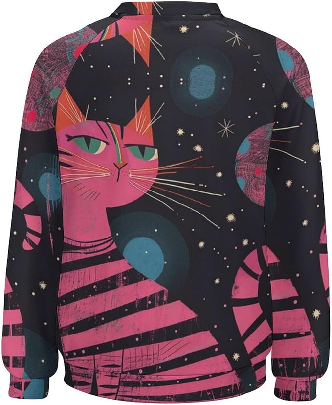Biacolum Long Sleeve Shirts for Women Mid Century Retro Style Atomic Cat 3D Graphic Sweatshirts Fall Crewneck Pullover Top