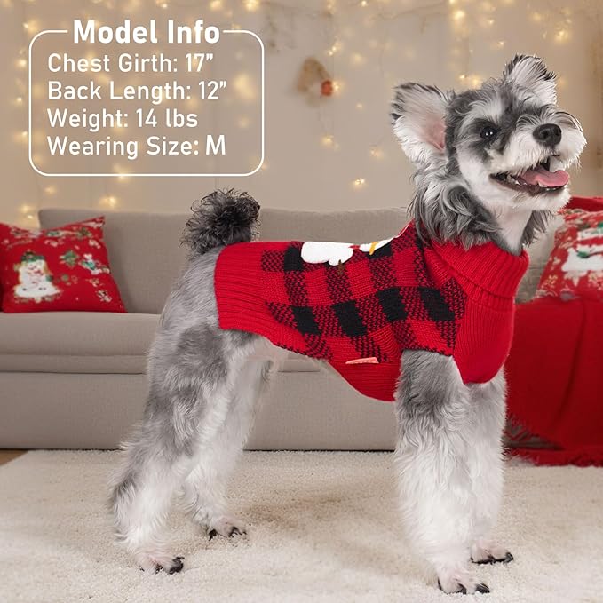 KYEESE Dog Christmas Sweater with Snowman Design, Turtleneck Dog Sweater for Small Dogs Boy Girl, Red Buffalo Plaid Knitwear with Leash Hole, Soft Warm Pet Clothes, Cozy Winter Outfit, Small