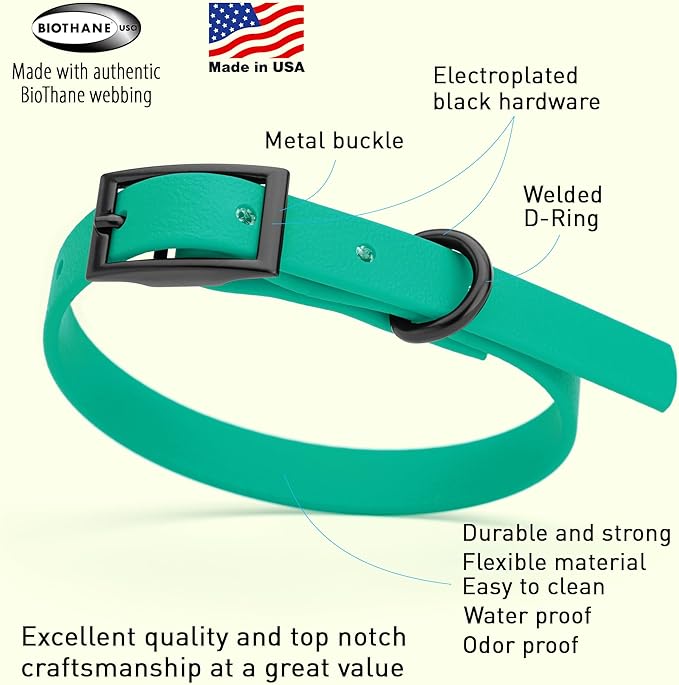 Dogline Biothane Coated Webbing Dog Collar with Black Metal Hardware: Durable Easy-Clean Everyday Collar for Dogs - Comfortable Adjustable Odor-Resistant Pet Collar, W1/2" x L9-12, Teal