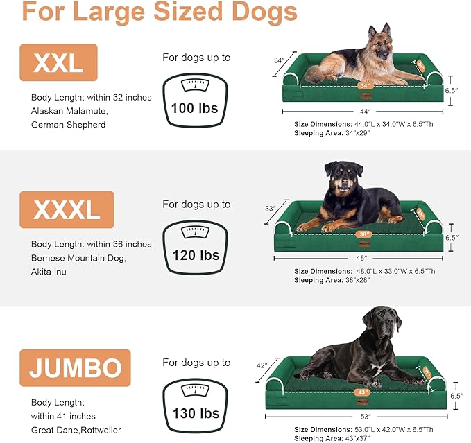 Large Dog Bed Orthopedic Washable: Beds Bolster XXL Bed Big XLarge Dogs Egg Crate Foam Sofa Couch Waterproof Removable Cover - Emerald