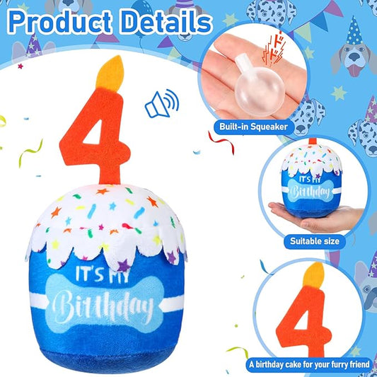Dog Birthday Cake Toy Accessories for Girl Boy Gifts, Squeaky Plush Toy for Dog Birthday Party Decor Favor for Large, Medium and Small Dogs(4th,Blue)