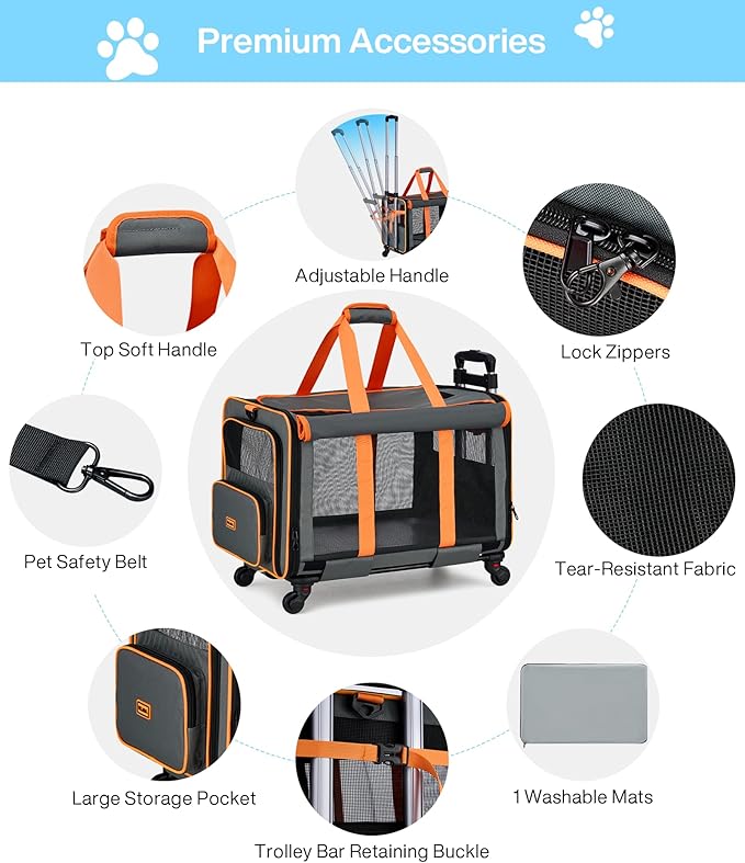 MILADA Extra Large Cat Carrier with Wheels for Big Cats & Small Dogs Soft Sided Rolling Pet Carrier Detachable XL Cat Stroller for Travel, Hiking, Vet & Hospital Use, Orange