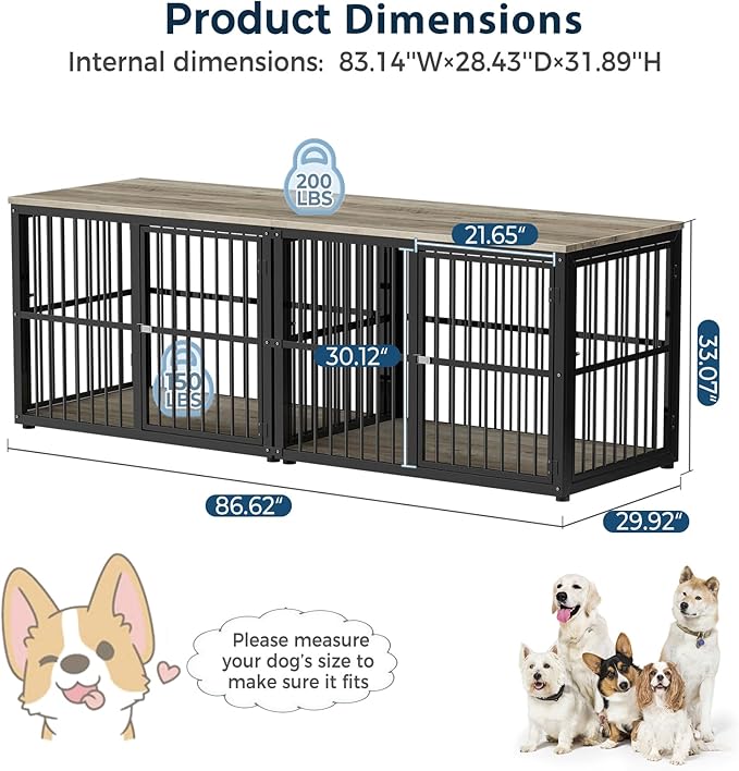 Lyromix 86.62''Dog Crate Furniture Large Breed TV Stand with Double Rooms,Wooden Dog Kennel Dog Crate End Table with Removable Divider for Large Medium Dogs, Can Use Separately