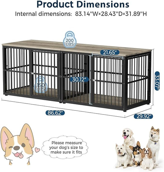 Lyromix 86.62''Dog Crate Furniture Large Breed TV Stand with Double Rooms,Wooden Dog Kennel Dog Crate End Table with Removable Divider for Large Medium Dogs, Can Use Separately