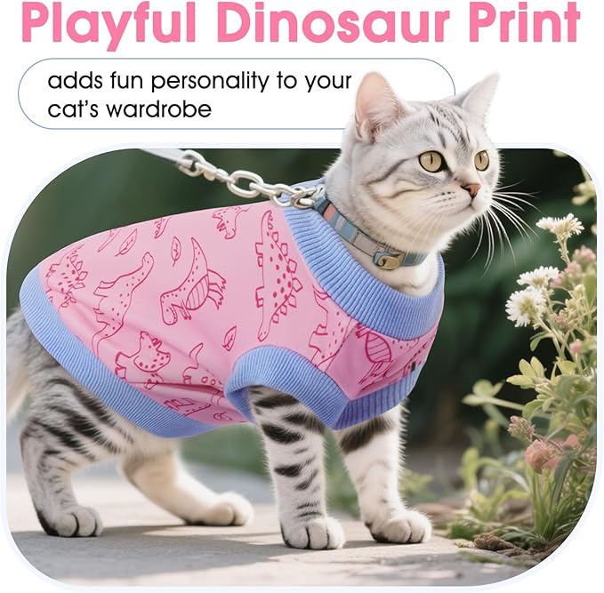 DENTRUN Sleeveless Cat Vest with Dinosaur Print, Breathable Ultra-Soft Dralon Fleece Cat Sweater, All-Season Pet Costume Apparel for Cats, Kitten Clothing for Indoor/Outdoor, Pink, S