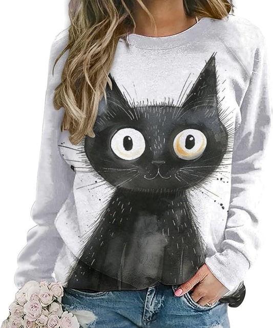 Biacolum Long Sleeve Shirts for Women Mid Century Retro Style Atomic Cat 3D Graphic Sweatshirts Fall Crewneck Pullover Top