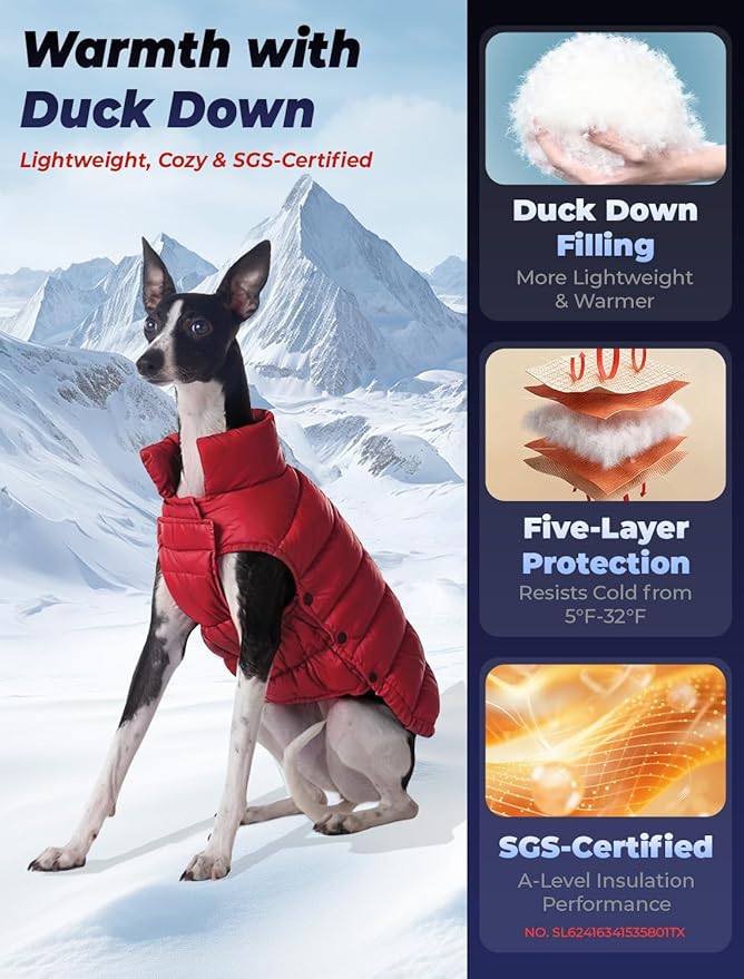 SPACE LION Dog Puffer Jacket, Down Winter Coat, Durable Outdoor Coat for Cold and Windy Conditions, Lightweight & Adjustable Fit Coats for Large Dogs, (Red, Size24/2XL)