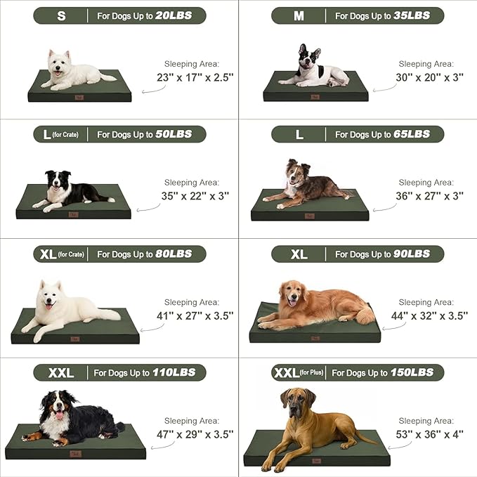 Outdoor Dog Bed for Small Dogs & Cats, Waterproof Dog Crate Mat Orthopedic Egg Crate Foam with Washable Removable Oxford Cover, Dark Green