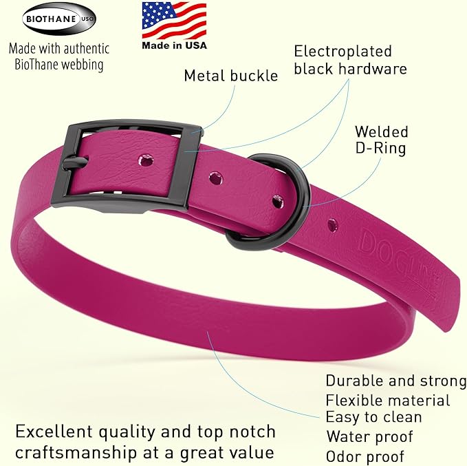 Dogline Biothane Coated Webbing Dog Collar with Black Metal Hardware: Durable Easy-Clean Everyday Collar for Dogs - Comfortable Adjustable Odor-Resistant Pet Collar, W3/4" x L15-18, Magenta Pink