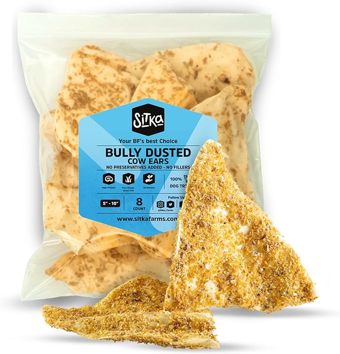 Sitka Farms Bully Dusted Cow Ears for Dogs 8 Count - Premium Rawhide Free Dog Chews - Beef Natural Dog Treats - Doggie Dental Care - Healthy Long Lasting Beef Ear