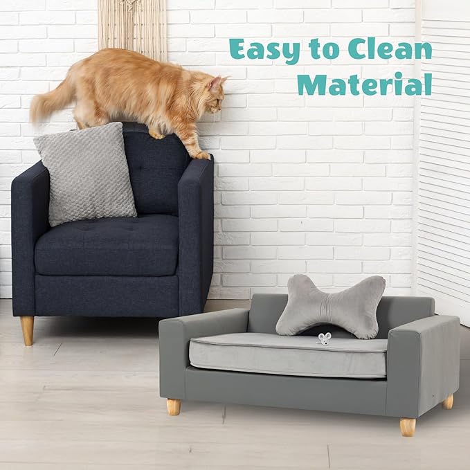 CRITTER SITTERS 43” Faux Leather Ped Bed in Dark Grey, Durable Washable Sofa Couch for Large Cats & Dogs, Must Have Essential Furniture Accessory for Kittens & Puppies