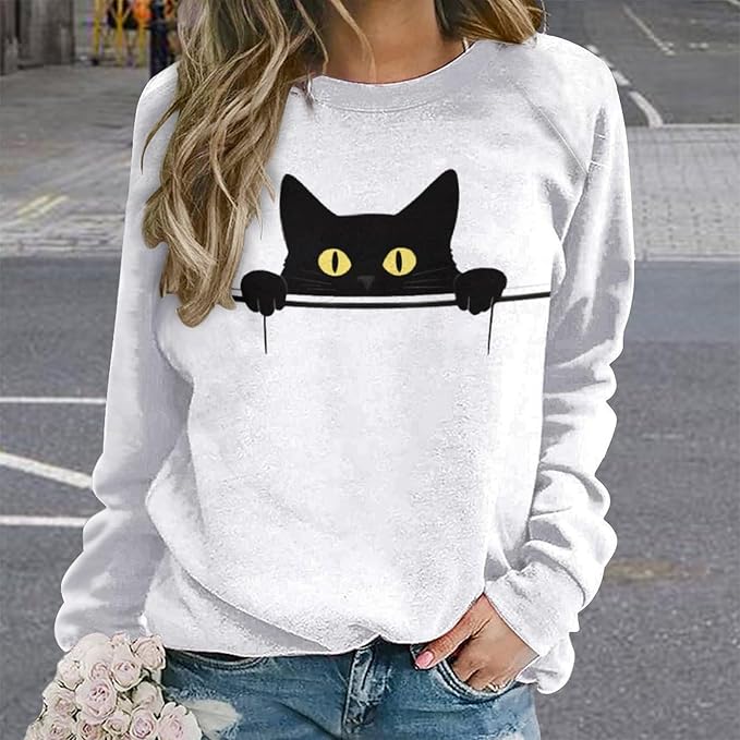 Womens Ugly Christmas Sweatshirt Funny Cat Dog Printed Xmas Pullover Shirts Crewneck Long Sleeve Graphic Hoodies