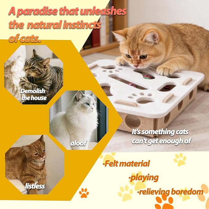 Interactive Cat Puzzle Toy, Felt Maze Box, Allows Cats to Play Independently, Scratching and Hunting Puzzle Box, Kitten Toy, a Gift for Kittens. (Camel-White Square)