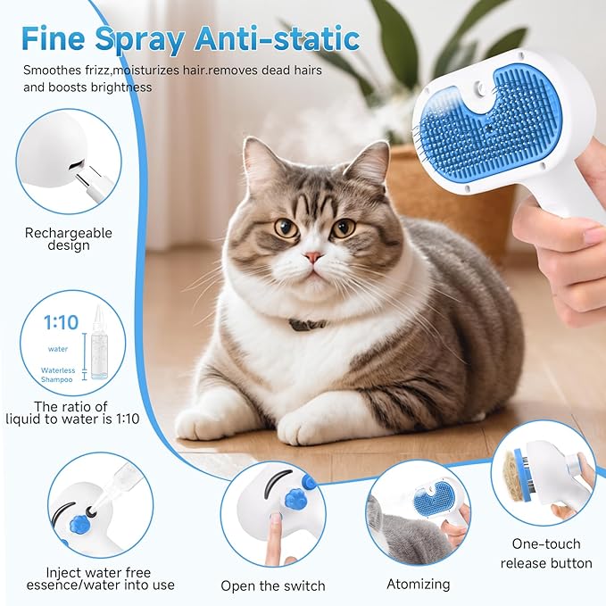 Pet Steam Brush for Dog & Cat - 3-in-1 Steam Grooming Brush for Shedding & Hair Removal - Self Cleaning Spray Comb with Mist for Long Haired Pets, Blue(waterless shampoo not include)