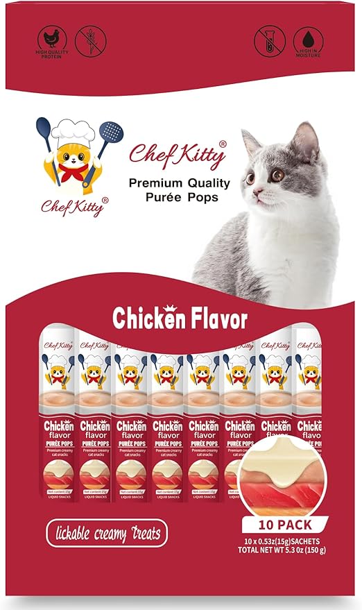 Chef Kitty Purée Pops, Cat Treats, Grain-Free, Lickable, Squeezable Creamy Cat Treat/Topper with Vitamin E & Taurine, 0.5 Ounces Each Tube, 10 Tubes, Chicken Flavor