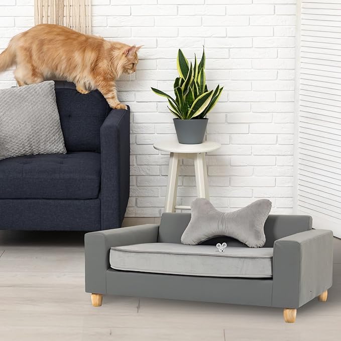 CRITTER SITTERS 43” Faux Leather Ped Bed in Dark Grey, Durable Washable Sofa Couch for Large Cats & Dogs, Must Have Essential Furniture Accessory for Kittens & Puppies