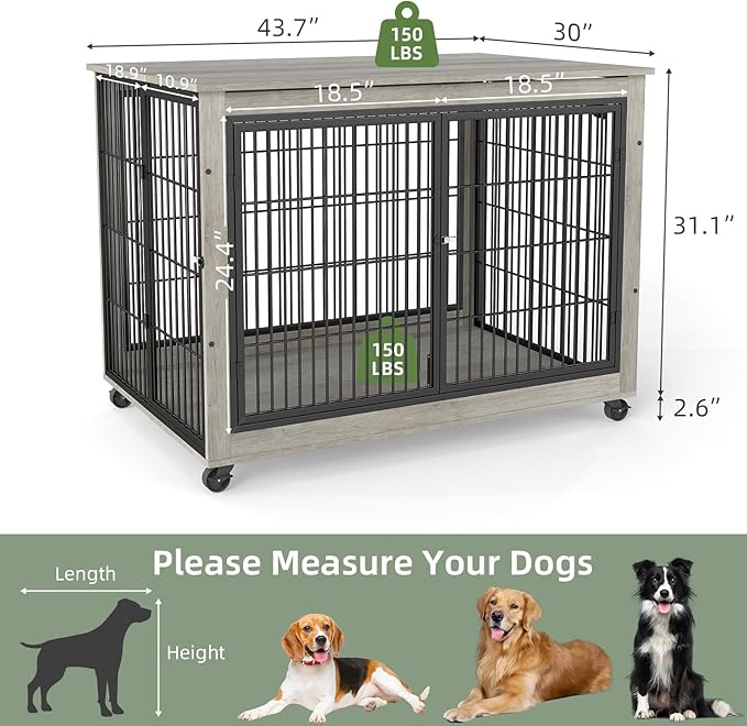 43" Movable Extra Large Dog Crate, Wooden Furniture Dog Crate with Top Access for Teasing/Feeding, 4 Rotating Wheels, Heavy-Duty Large Dog Kennel Indoor as End Table, Chew-Resistant, Gray