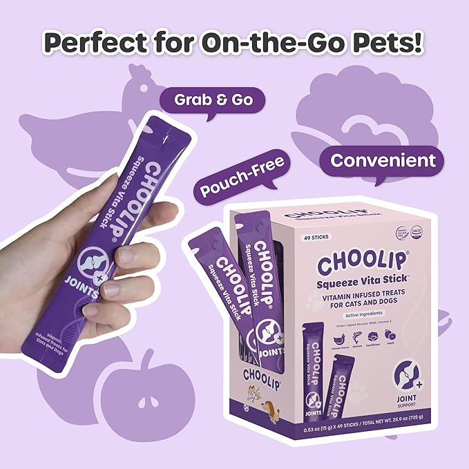 Choolip Squeeze Vita Stick Lickable Cat Treats & Dog Puree – 49-Count Joint Support Tubes, Creamy Grain-Free High-Protein Puree with MSM, Glucosamine & Green Lipped Mussel for Joint & Mobility Health