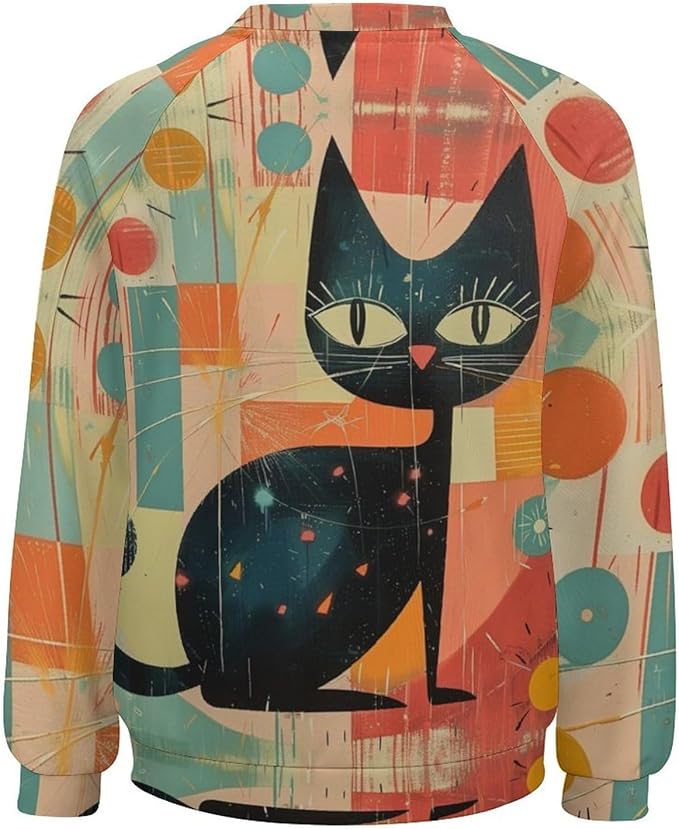 Biacolum Long Sleeve Shirts for Women Mid Century Retro Style Atomic Cat 3D Graphic Sweatshirts Fall Crewneck Pullover Top