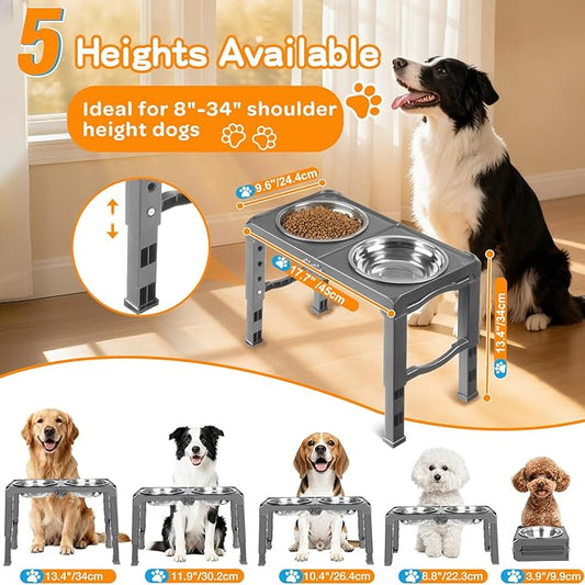 Elevated Dog Bowls with 2 Thick 50oz Stainless Steel Food Bowls, Raised Stand Adjusts to 5 Heights(3.9", 8.8", 10.4", 11.9", 13.4") for Medium and Small Dogs, Grey