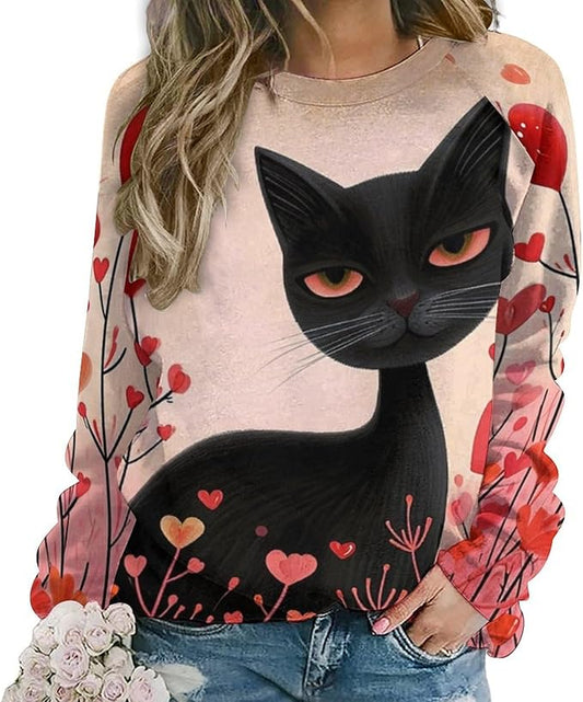 Biacolum Long Sleeve Shirts for Women Mid Century Retro Style Atomic Cat 3D Graphic Sweatshirts Fall Crewneck Pullover Top