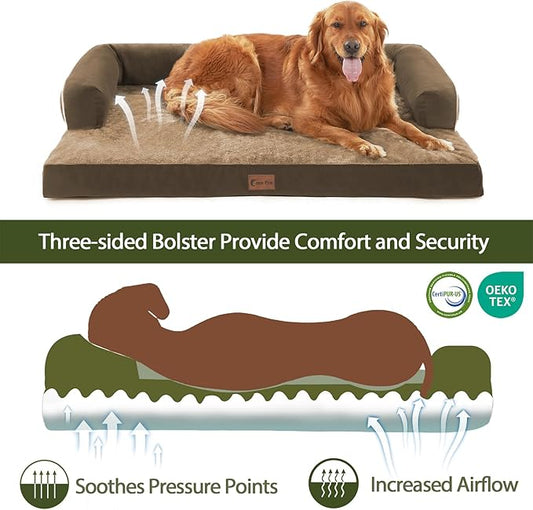 Orthopedic Dog Beds for Large Sized Dogs, Waterproof Egg Crate Foam Large Dog Couch Beds with Comfy Bolster 36x27Inch, Washable Pet Beds with Removable Cover and Nonskid Bottom, Brown