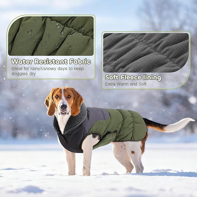 EMUST Dog Winter Jacket XXL, Soft Cozy Large Dog Coat with Leash Hole, Solid Color Reflective Pet Cold Weather Coats for Large Dogs Windproof, Green