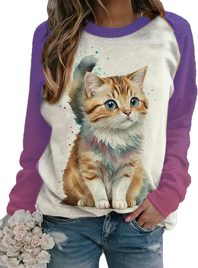 IVERIRMIN Womens 3D Cat Crewneck Sweatshirts Casual Cute Long Sleeve Shirts Pullover Tops Graphic Loose Fit Sweater for Women