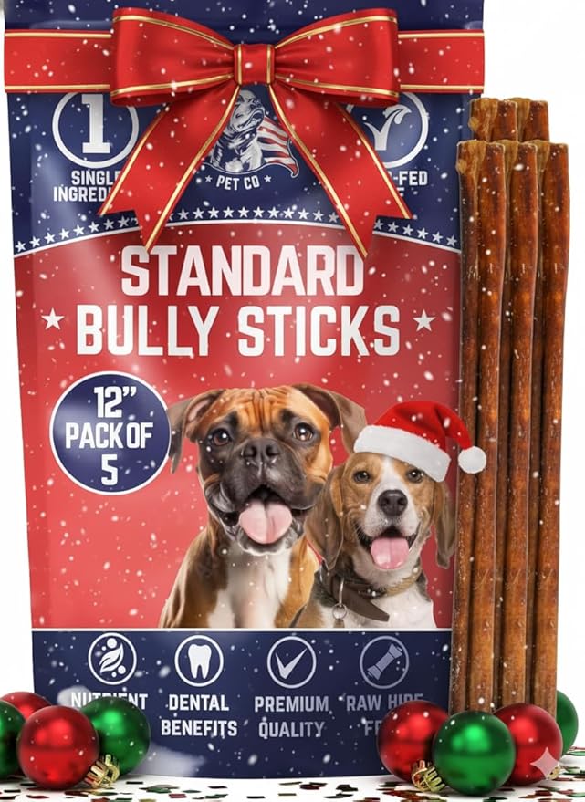 Devil Dog Pet Co. Bully Sticks – 12 Inch, 5 Pack, Standard Sized Dog Chews, 100% Natural, Single Ingredient, Free-Range Grass-Fed Beef – Long Lasting, Rawhide-Free Treats for Dogs