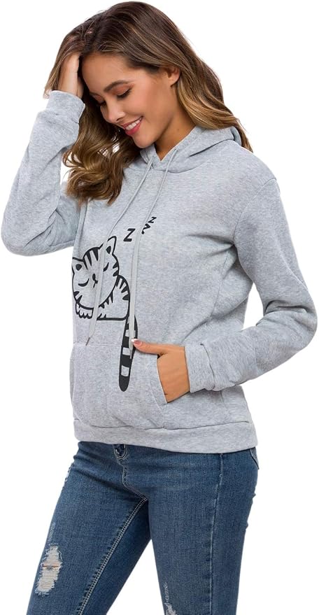 Women Teen Girls Hoodie Sweatshirt With Cute Cat Ear and Sleeping Cat Printed Pullover