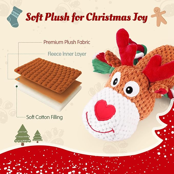 Christmas Dog Toys - Rope Reindeer Durable Squeaky Plush Dog Toy for Small, Medium & Large Dogs, Soft Xmas Gift for Pets