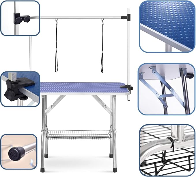 Pet Dog Grooming Table, Adjustable Large Heavy Duty Professional Foldable Trimming Stage with Arms, Noose, Mesh Tray, Maximum Capacity Up to 330LBS, 42''/Blue