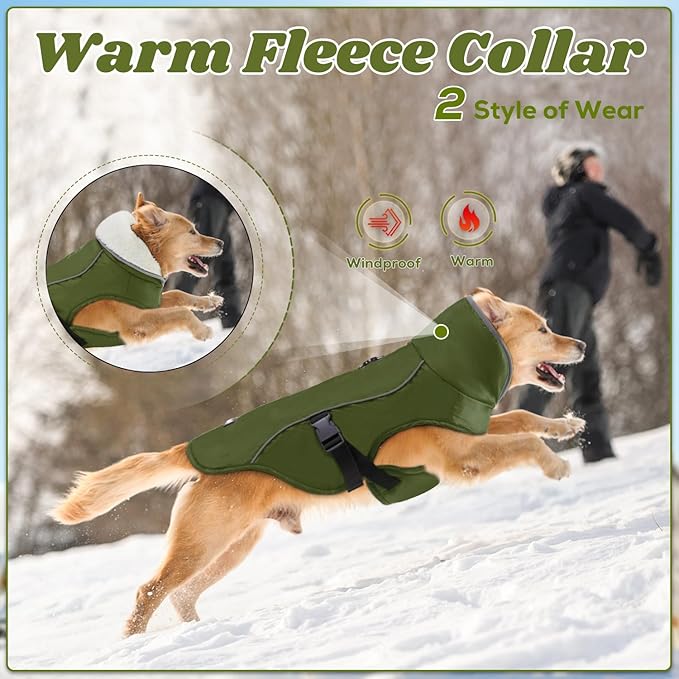 EMUST Dog Coat for Winter, Cozy Winter Jackets for Small/Medium/Large Dogs, Solid Color Dog Apparel for Cold Weather with Fleece Lining, Green, XXXL