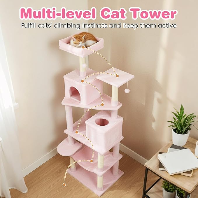 Tangkula Cat Tree for Indoor Cats, 75 Inch Extra Tall Cat Tower with Sisal Scratching Post, Padded Top Perch, Dual Condos, Hammock, 2 Dangling Balls, Platforms, Multi-Level Cat Climbing Furniture