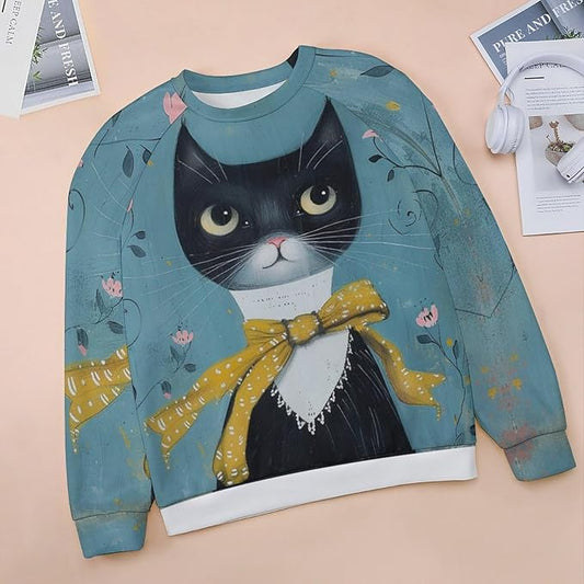 Biacolum Long Sleeve Shirts for Women Mid Century Retro Style Atomic Cat 3D Graphic Sweatshirts Fall Crewneck Pullover Top