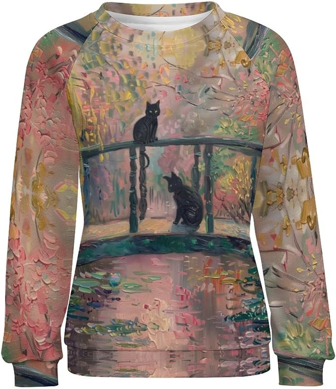 Womens novelty funny cat printed crewneck sweatshirt casual loose long sleeve graphic pullover sweatshirts tops