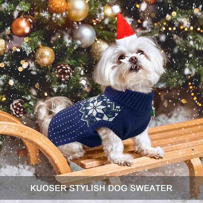 Kuoser Dog Christmas Sweater, Soft Warm Xmas Sweaters for Small Medium Large Dogs Boy Girl, Comfortable Dog Sweater with Leash Hole Snowflake Puppy Knit Outfit for Holiday Winter Fall, Blue 2XL