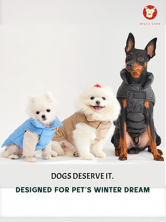 SPACE LION Dog Puffer Jacket, Down Winter Coat, Durable Outdoor Coat for Cold and Windy Conditions, Lightweight & Adjustable Fit Coats for Small & Medium Dogs, (Black, Size12/M)