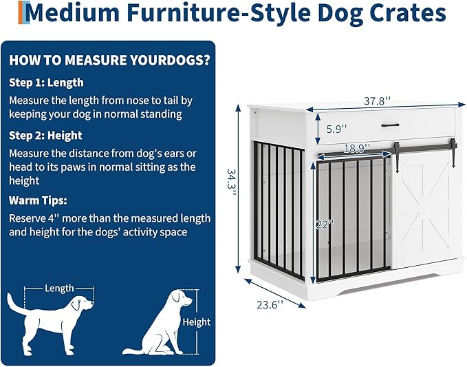 37.8" Dog Crate Furniture for Small Medium Dogs, 2-in-1 Iron-Wood Fusion Dog Cage Indoor As Side End Table, Farmhouse Dogs Kennel with Sliding Barn Doors & Drawer, White