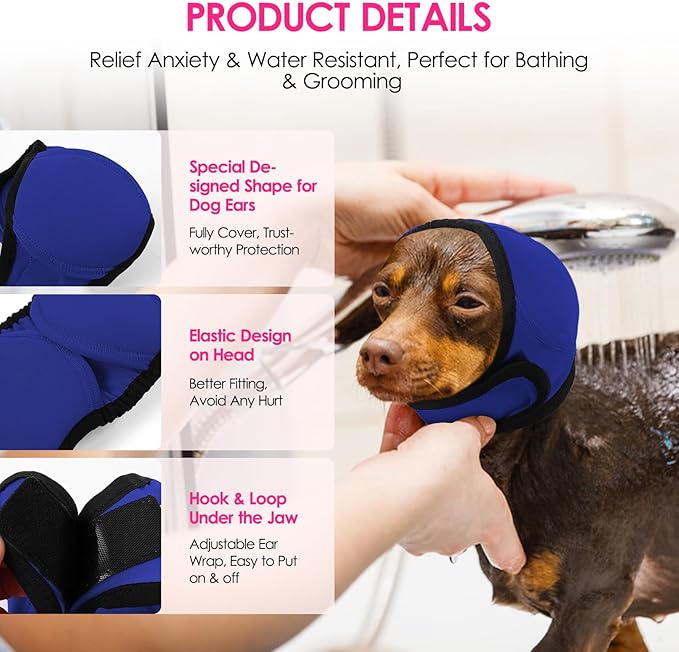 KOESON Dog Calming Hoodie - No Shake Ear Wraps for Dogs, Anxiety Relief & Noise Protection, Water Resistant Pet Ear Cover Muffs for Thunderstorms, Swimming, Firework, Grooming, Bathing, Royal Blue M