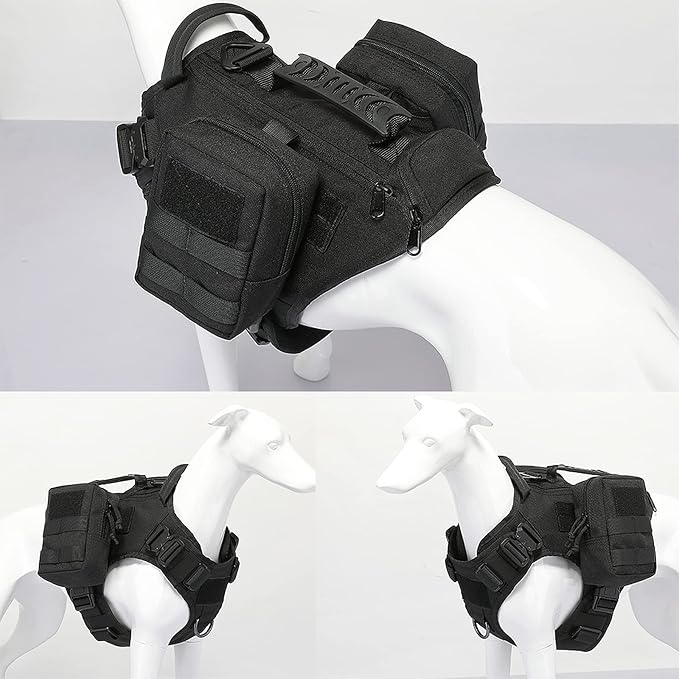 Tactical Dog Backpack Harness for Large Breed Original Design Metal Buckle Vest with Side Bags Pouches for Service Working Training (Black (with 2 Pouches), M)