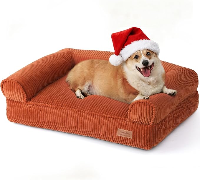 FUKUMARU Cute Dog Bed, Waterproof Corduroy Dogs Couch, 36in Orthopedic Pet Sofa for Medium to Large Dogs Dog, Warm Cotton Pet Bed with Washable Cover, Large, Orange