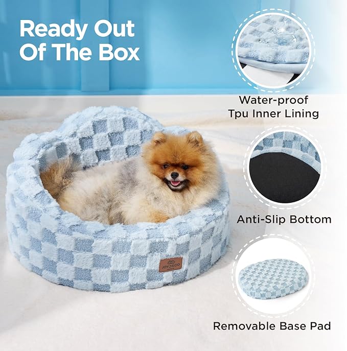 Joydeco Dog Bed for Small Dogs & Cats, Washable Cloud Pet Bed with Orthopedic Foam and Removable Checkered Plush Pad, Non-Slip Bottom for Indoor Puppies and Kittens, 22x20 Inch, Light Blue