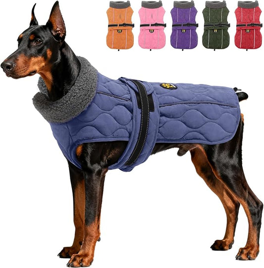 Dog Winter Coat, Adjustable Quilted Dog Snow Jacket with Fleece Lining, Water Resistant Pet Apparel for Cold Weather, Warm Large Doggie Coat with Leash Hole and Reflective Strip, NewBlue L