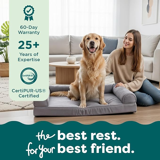 FurHaven Orthopedic Dog Bed for Large Dogs, Sofa-Style with Cooling Gel topper with orthopedic memory foam base for Joint Support, Removable Washable Cover, Jumbo/XL, Plush & Suede, Gray
