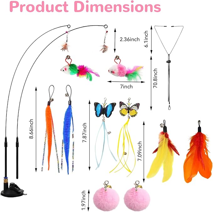 Blrmba Interactive Cat Toys: 4 Ways to Play Indoor Kitten Wand with Suction Cup, Removable 12Pcs Replacements (Feathers, Mice, Butterflies, Caterpillars, Flies, Fur Balls) – Detachable Design